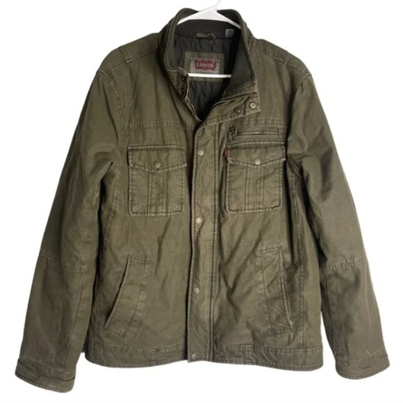 Levi's Men's Knit Collar Cotton Canvas Shell Trucker Jacket Olive LARGE - Picture 1 of 10